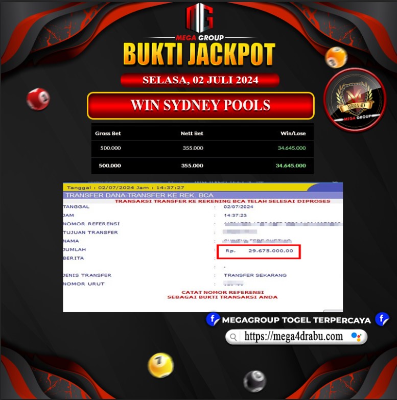 Bukti Pembayaran Hadiah Togel Terbesar mega4d Tanggal 02 juli 2024