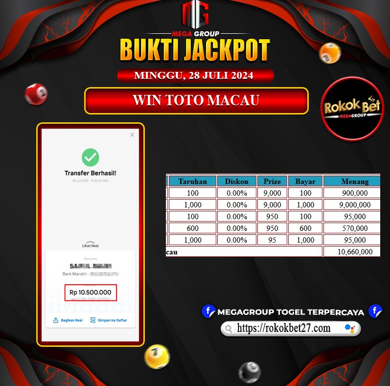 Bukti Pembayaran Hadiah Togel Terbesar ROKOKBET Tanggal 28 juli 2024