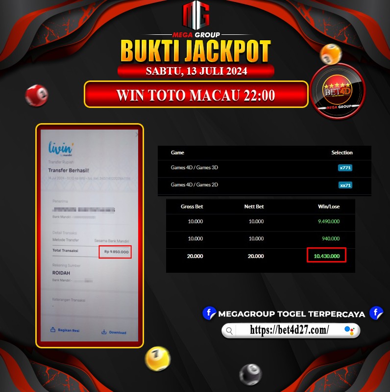 Bukti Pembayaran Hadia Togel Terbesar bet4d Tanggal 14 Juli 2024