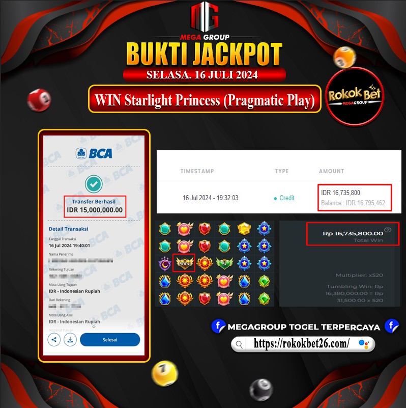 Bukti Pembayaran Hadiah Games Terbesar rokokbet Tanggal 16 Juli 2024