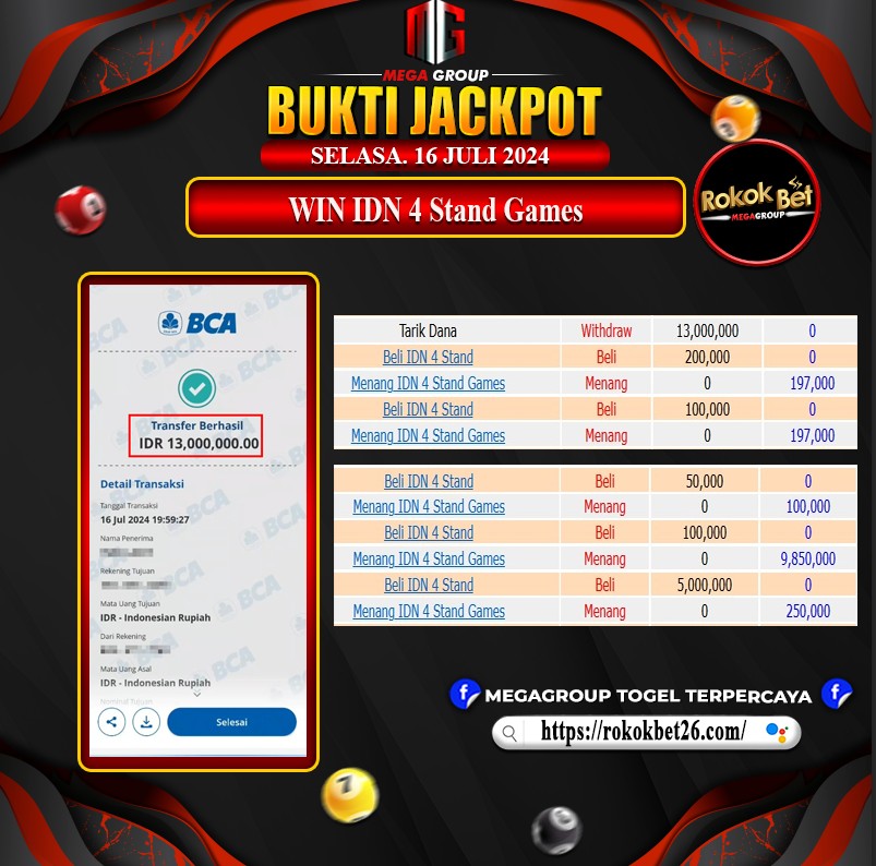 Bukti Pembayaran Hadiah Games Terbesar rokokbet Tanggal 16 Juli 2024