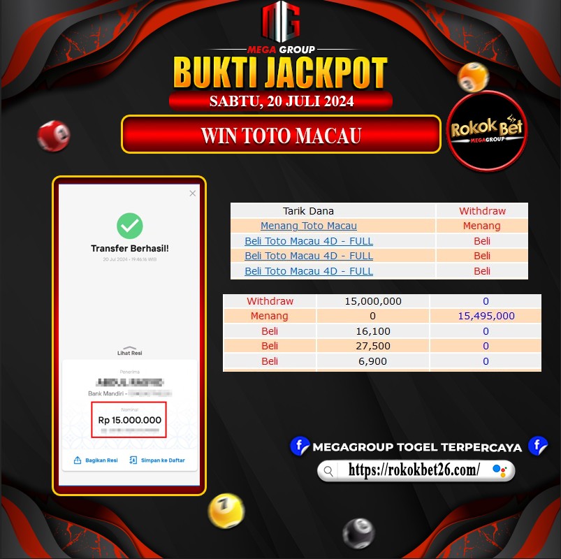 Bukti Pembayaran Hadiah Togel Terbesar ROKOKBET Tanggal 20 juli 2024