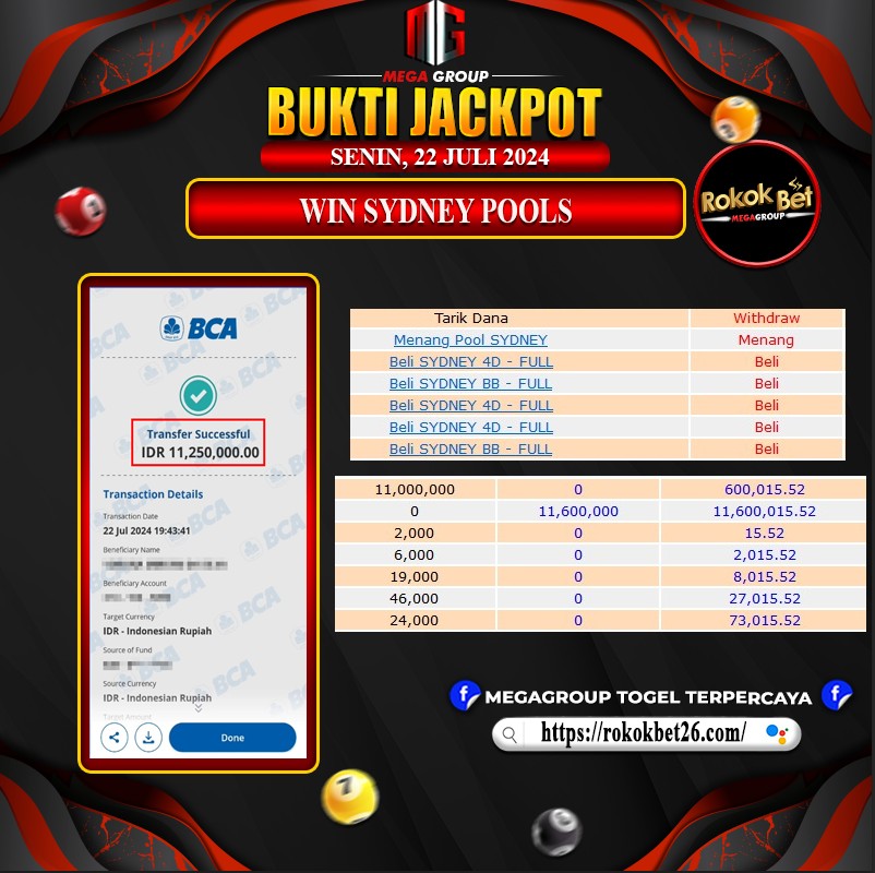 Bukti Pembayaran Hadiah Togel Terbesar ROKOKBET Tanggal 23 juli 2024