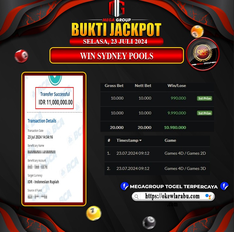 Bukti Pembayaran Hadiah Togel Terbesar okewla Tanggal 23 Juli 2024