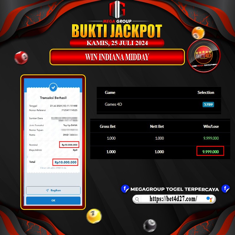 Bukti Pembayaran Hadiah Togel Terbesar Bet4d Tanggal 25 Juli 2024