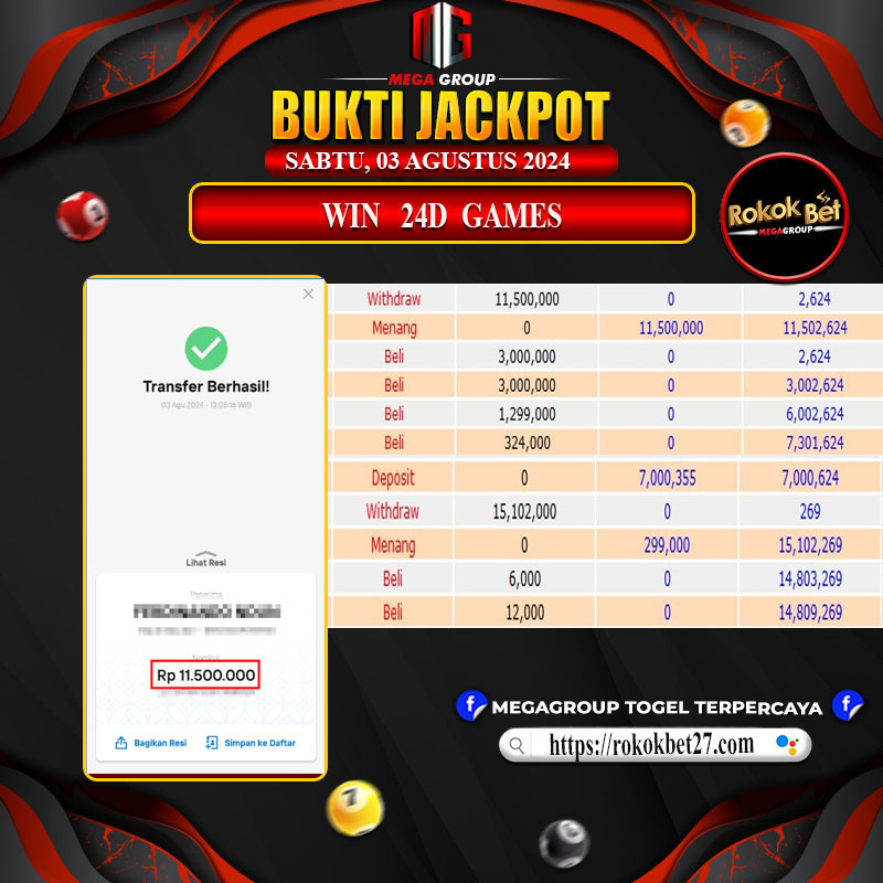 Bukti Pembayaran Hadiah games Terbesar ROKOKBET Tanggal 03 Agustus 2024