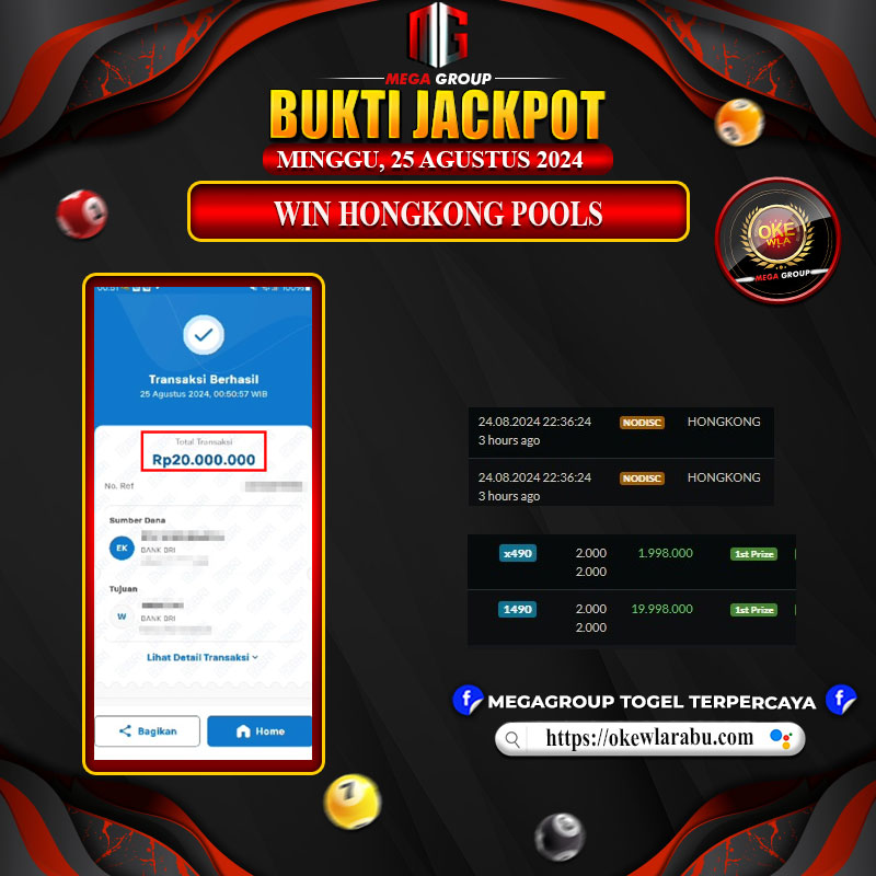 Bukti Pembayaran Hadiah Togel Terbesar OKEWLA Tanggal 25 agustus 2024