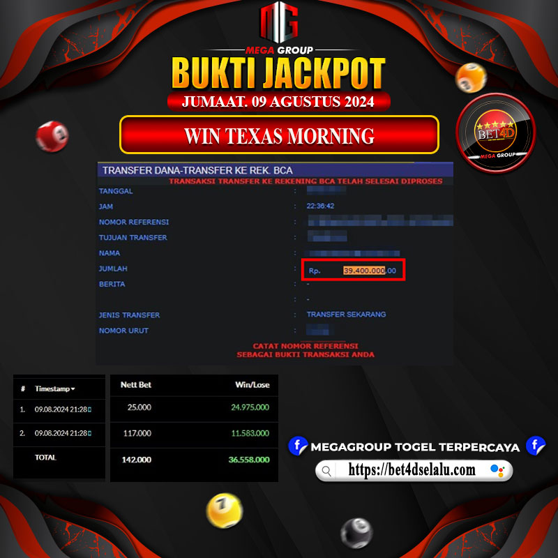 Bukti Pembayaran Hadia Togel Terbesar bet4d Tanggal 09 agustus  2024