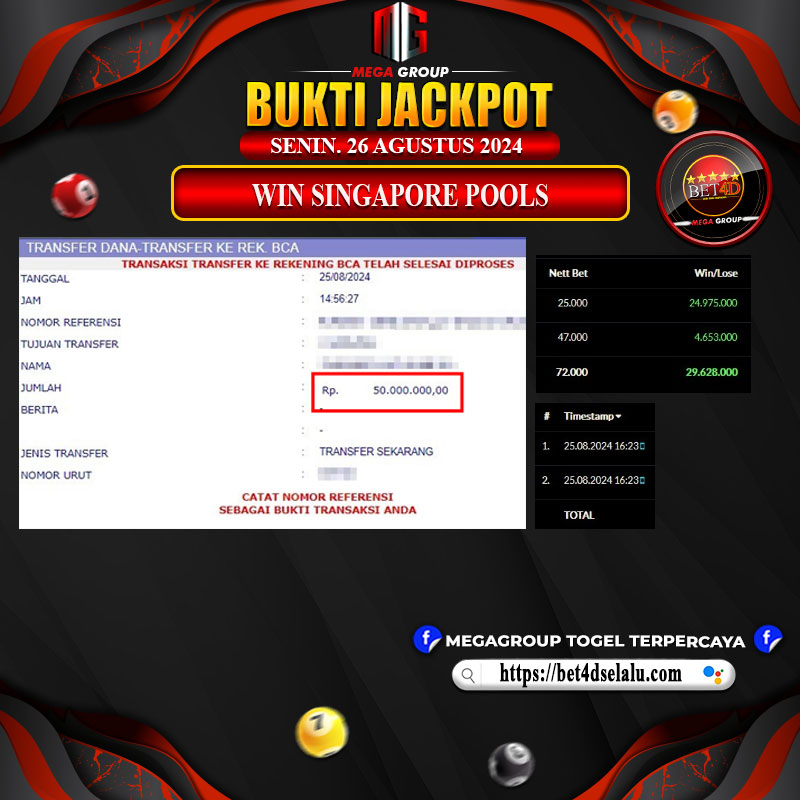 Bukti Pembayaran Hadia Togel Terbesar bet4d Tanggal 26 agustus 2024