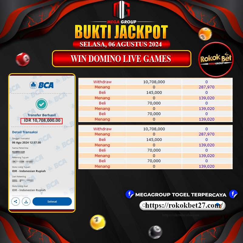 Bukti Pembayaran Hadiah GAMES Terbesar ROKOKBET Tanggal 06 Agustus 2024