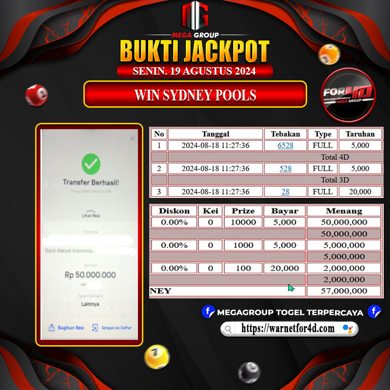 Bukti Pembayaran Hadiah Togel Terbesar for 4d Tanggal 19 agustus 2024