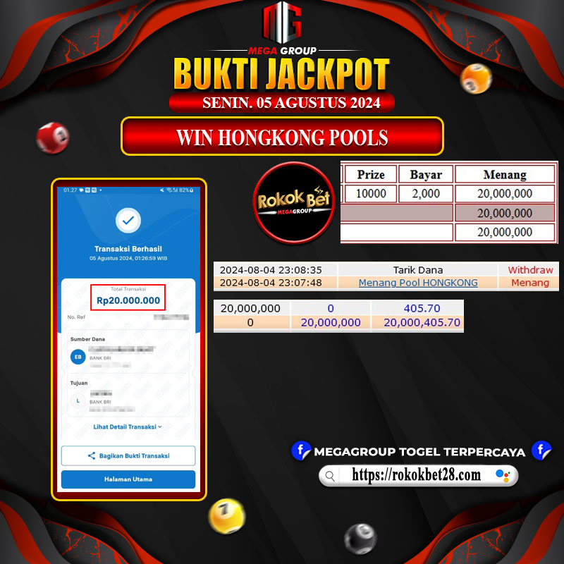 Bukti Pembayaran Hadiah Togel Terbesar ROKOKBET Tanggal 05 Agustus 2024