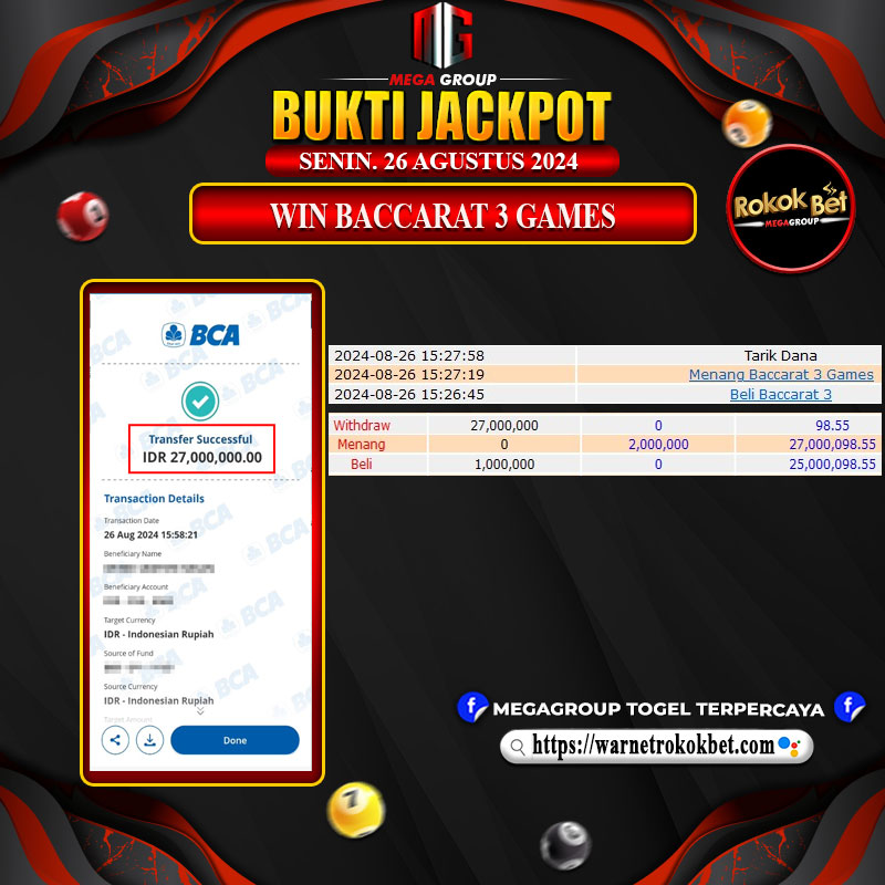 Bukti Pembayaran Hadiah Togel Terbesar ROKOKBET Tanggal 26 Agustus 2024