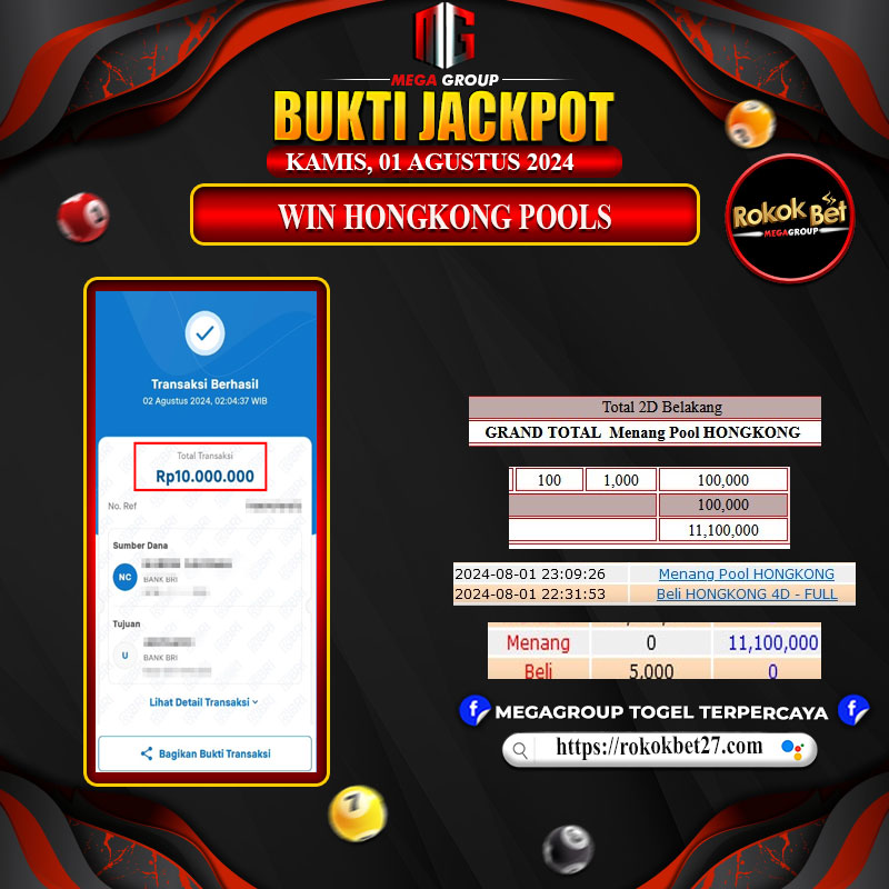 Bukti Pembayaran Hadiah Togel Terbesar ROKOKBET Tanggal 01 Agustus 2024