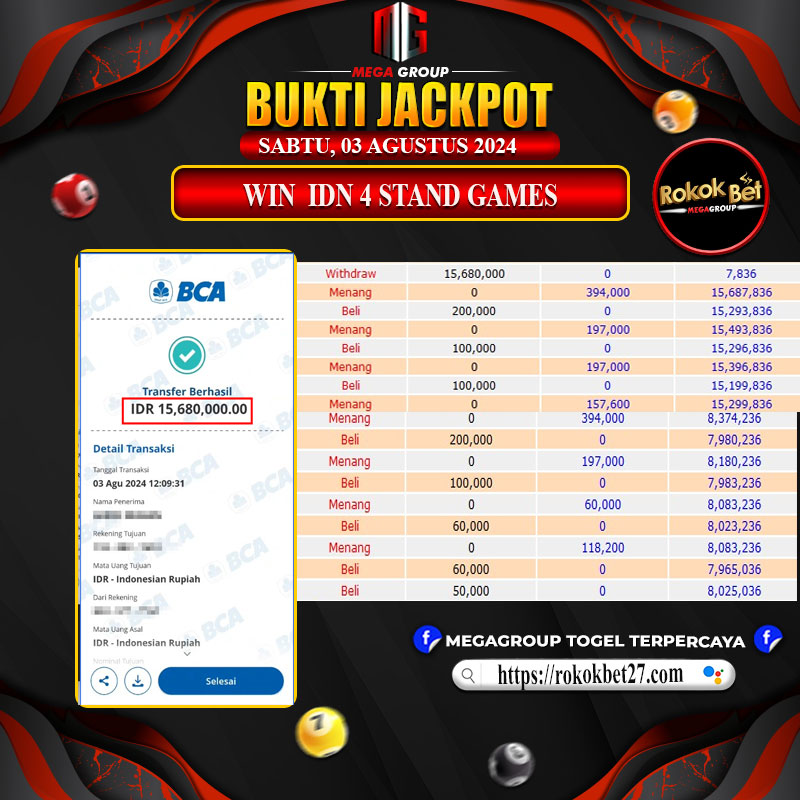 Bukti Pembayaran Hadiah games Terbesar ROKOKBET Tanggal 03 Agustus 2024