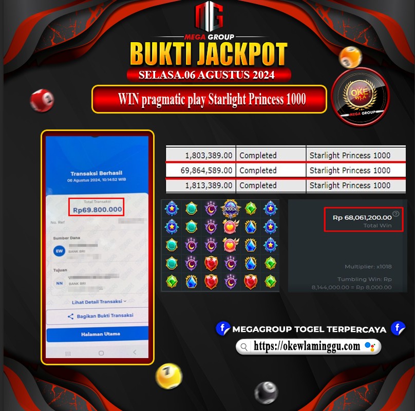 Bukti Pembayaran Hadiah Togel Terbesar OKEWLA Tanggal 06 agustus 2024