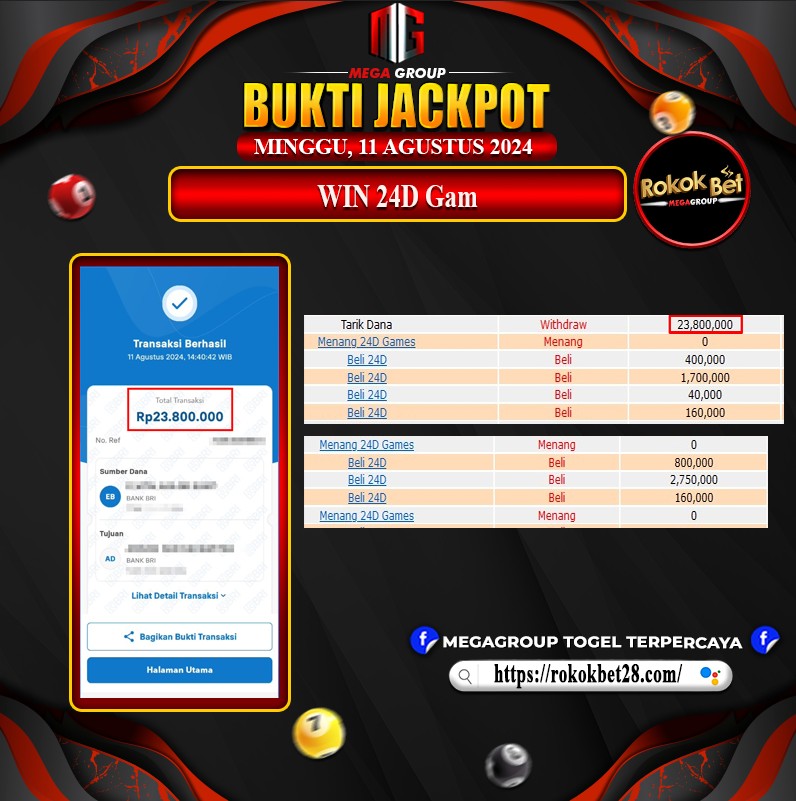 Bukti Pembayaran Hadiah GAMES Terbesar ROKOKBET Tanggal 11 Agustus 2024