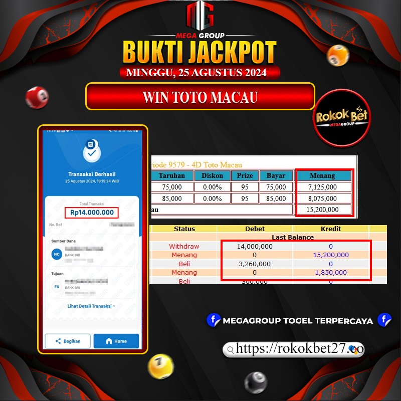 Bukti Pembayaran Hadiah Games Terbesar ROKOKBET Tanggal 25 Agustus 2024