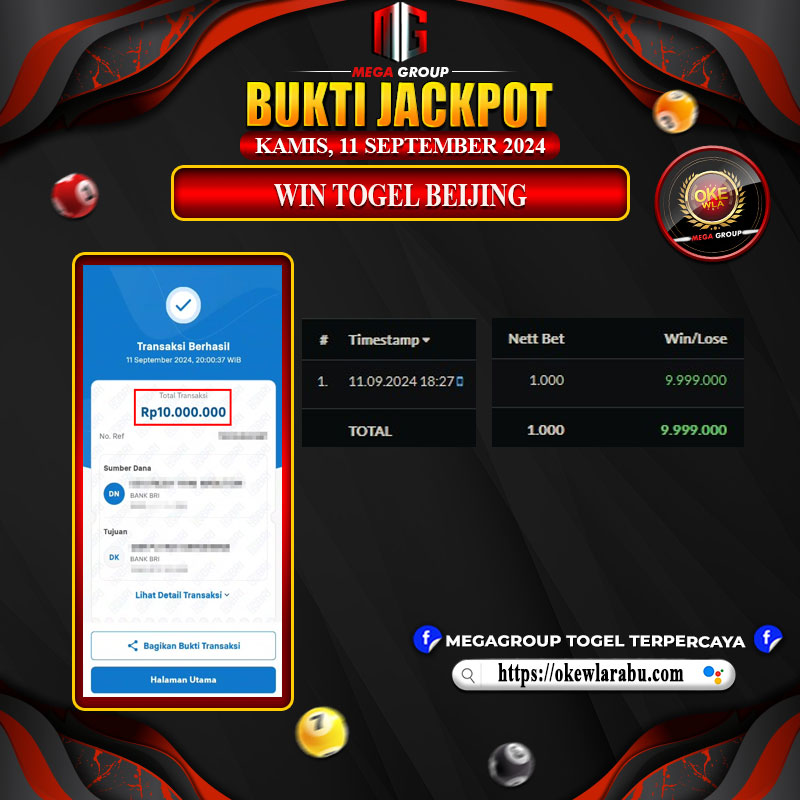 Bukti Pembayaran Hadiah Togel Terbesar OKEWLA Tanggal 11 SEPTEMBER 2024