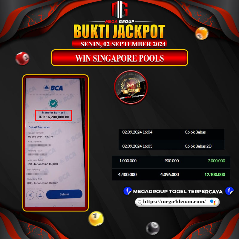 Bukti Pembayaran Hadiah Togel Terbesar MEGA4D Tanggal 02 September 2024