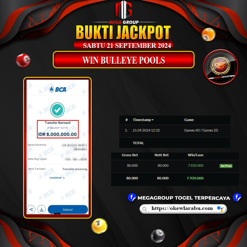 Bukti Pembayaran Hadiah Togel Terbesar OKEWLA Tanggal 21 SEPTEMBER 2024