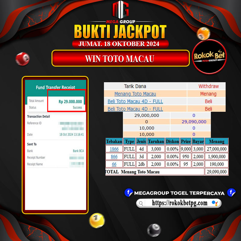 Bukti Pembayaran Hadiah Togel Terbesar ROKOKBET Tanggal 18 Oktober 2024