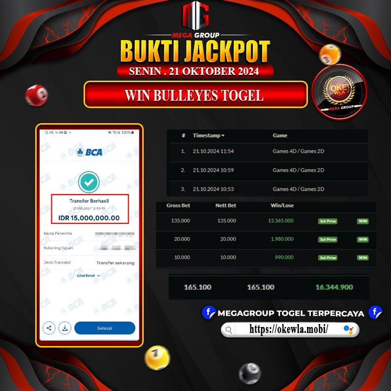 Bukti Pembayaran Hadiah Togel Terbesar okewla Tanggal 21 Oktober 2024