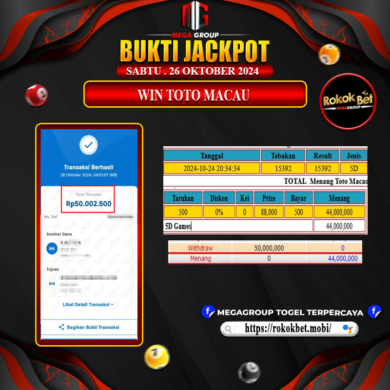 Bukti Pembayaran Hadiah Togel Terbesar ROKOKBET Tanggal 26 Oktober 2024