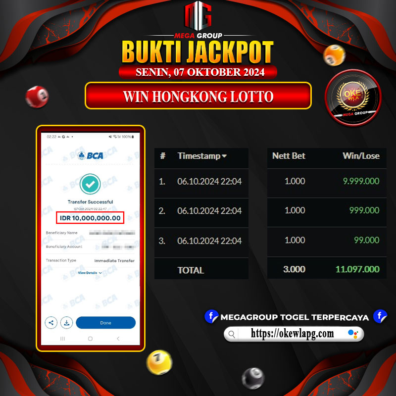 Bukti Pembayaran Hadiah Togel Terbesar okewla Tanggal 07 Oktober 2024