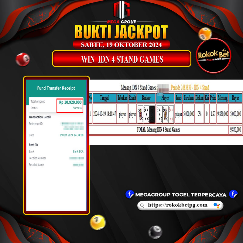 Bukti Pembayaran Hadiah Togel Terbesar ROKOKBET Tanggal 19 Oktober 2024