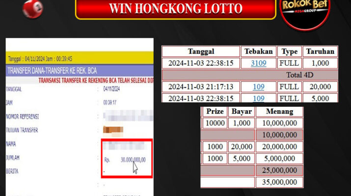 Bukti Pembayaran Hadiah Togel Terbesar ROKOKBET Tanggal 04 November 2024