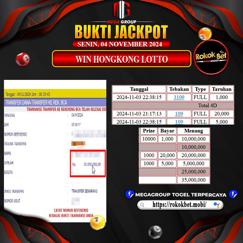 Bukti Pembayaran Hadiah Togel Terbesar ROKOKBET Tanggal 04 November 2024