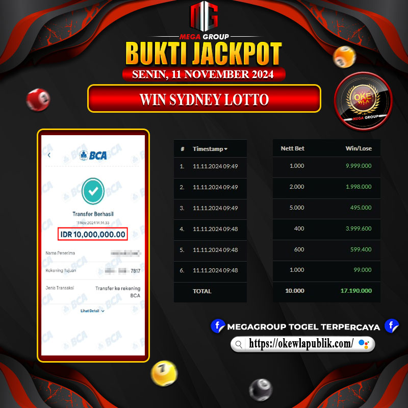 Bukti Pembayaran Hadiah Togel Terbesar okewla Tanggal 11 November 2024