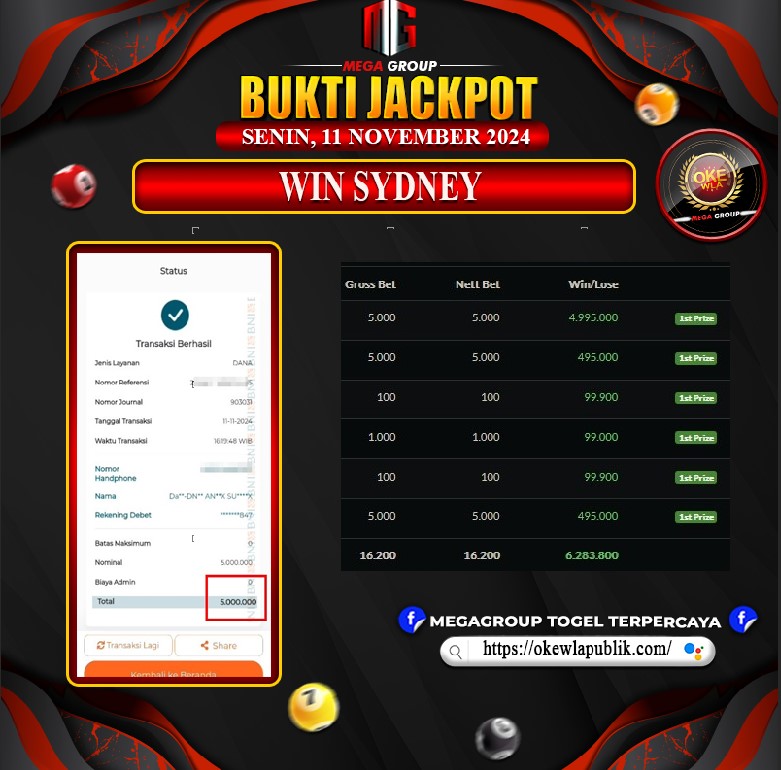 Bukti Pembayaran Hadiah Togel Terbesar okewla Tanggal 11 November 2024